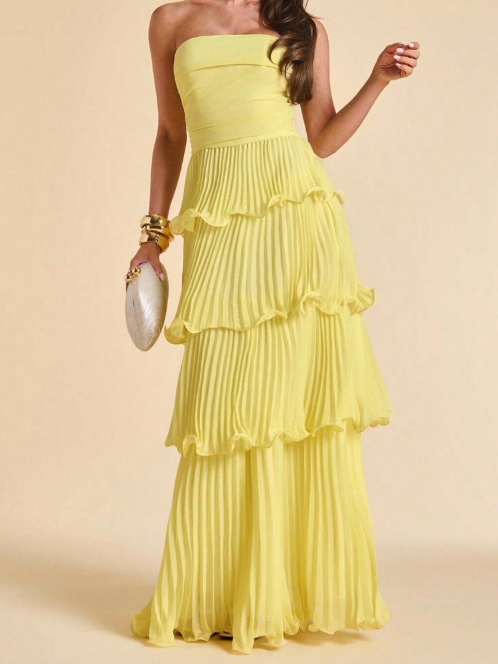 Yellow Elegant Ruffled Sleeveless A-Line Women's Dress - Picture 3 of 7